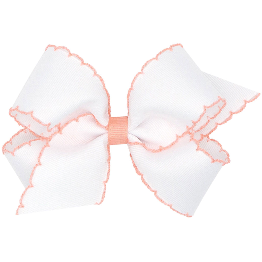 Wee Ones Moonstitch Bow - White with Coral Trim (2 Sizes)