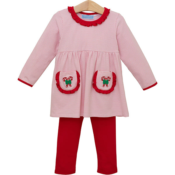 Candy Cane Embroidered Ruffle Pant Set by Trotter Street KIds