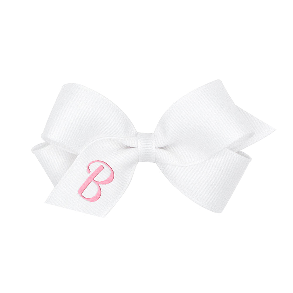 Wee Ones Mini Monogrammed Bow - White with Light Pink Initial - 19 Letters