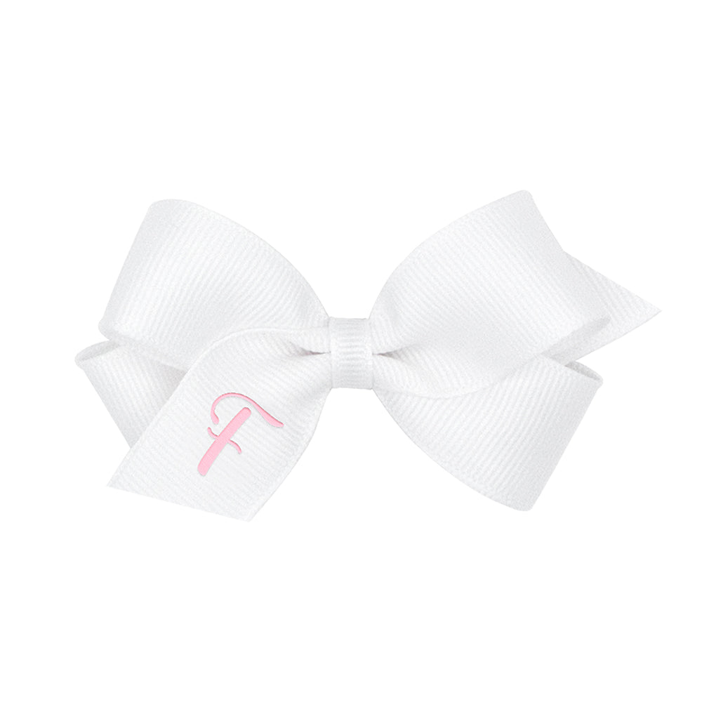 Wee Ones Mini Monogrammed Bow - White with Light Pink Initial - 19 Letters