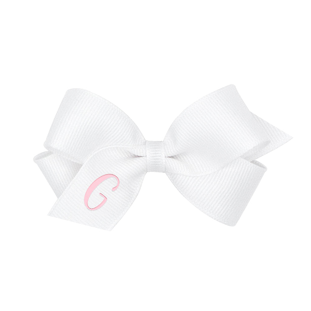 Wee Ones Mini Monogrammed Bow - White with Light Pink Initial - 19 Letters