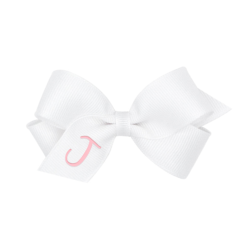 Wee Ones Mini Monogrammed Bow - White with Light Pink Initial - 19 Letters