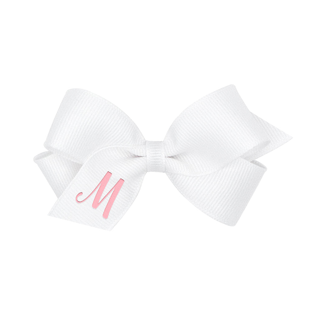 Wee Ones Mini Monogrammed Bow - White with Light Pink Initial - 19 Letters