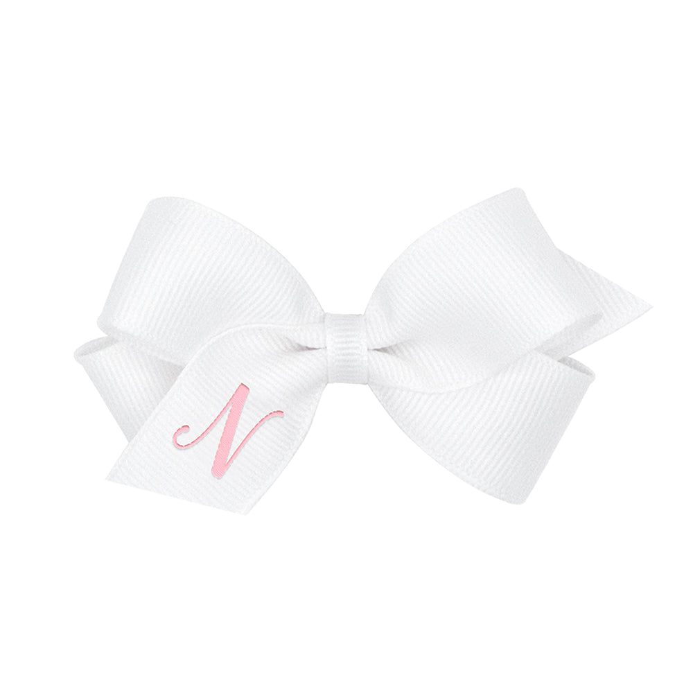 Wee Ones Mini Monogrammed Bow - White with Light Pink Initial - 19 Letters