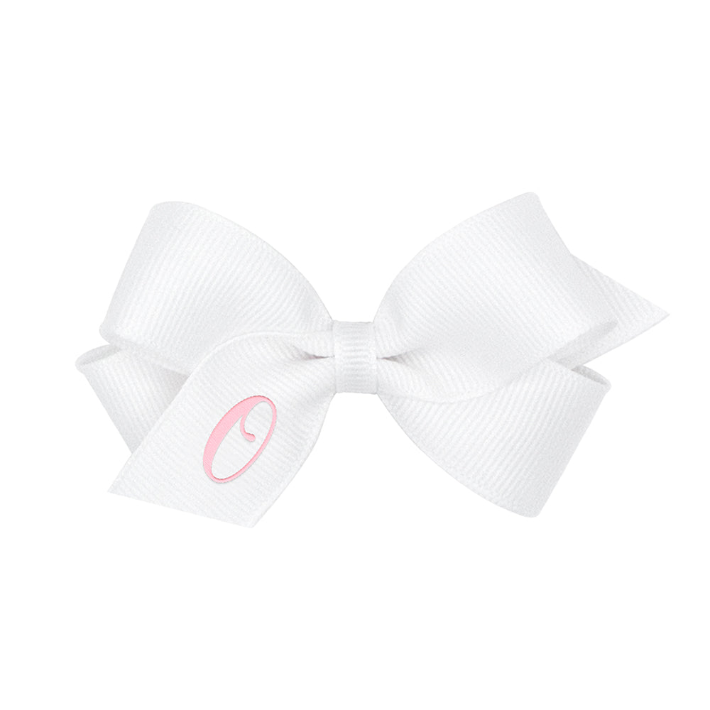 Wee Ones Mini Monogrammed Bow - White with Light Pink Initial - 19 Letters