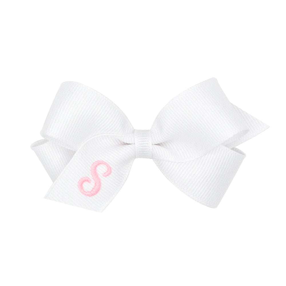 Wee Ones Mini Monogrammed Bow - White with Light Pink Initial - 19 Letters