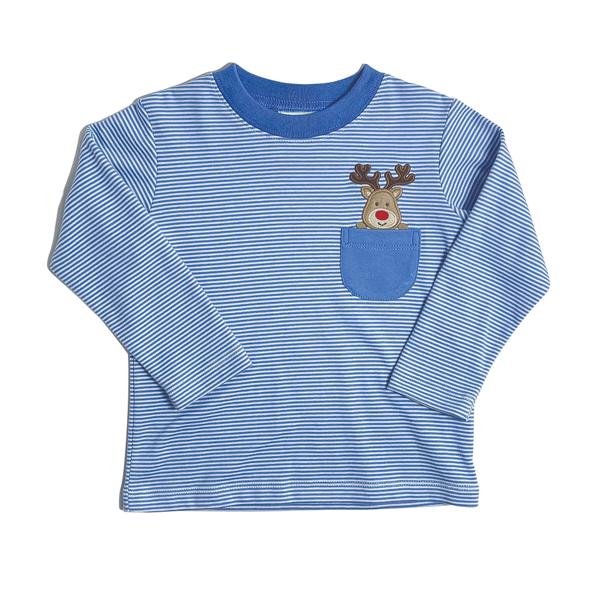 Reindeer on Pocket of Periwinkle Bitty Stripe Tee by Zuccini Kids