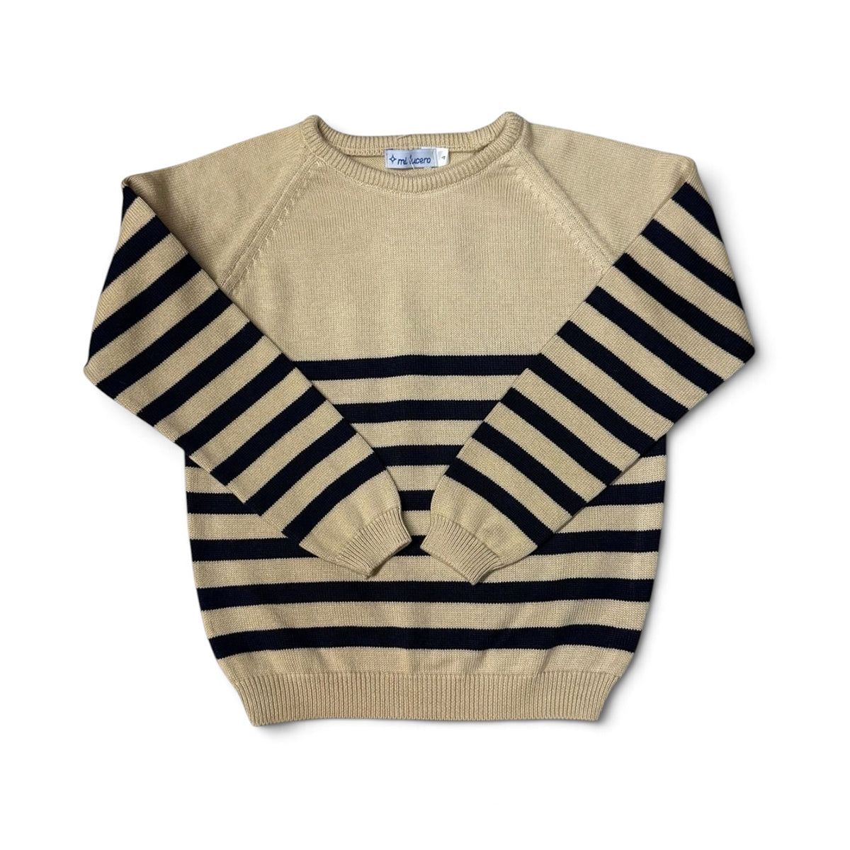 Tan and Navy Stripe Crew Neck Sweater by Mi Lucero