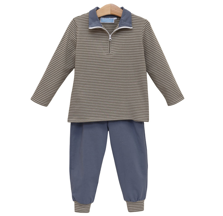 Beige / Blue Stripe Tucker Pullover Set by Trotter Street Kids