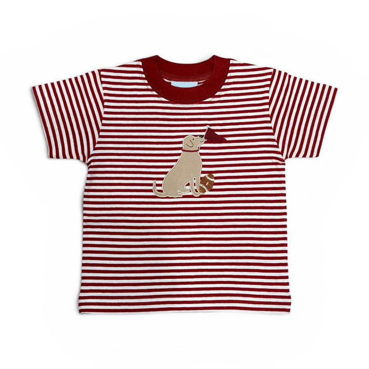 Dog with Football Applique on Crimson Stripe Shirt by The Smiley Crab