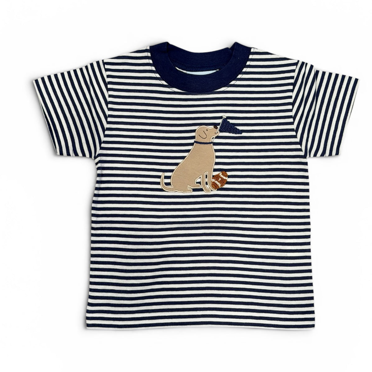 Dog with Football Applique on Navy Stripe Shirt by The Smiley Crab