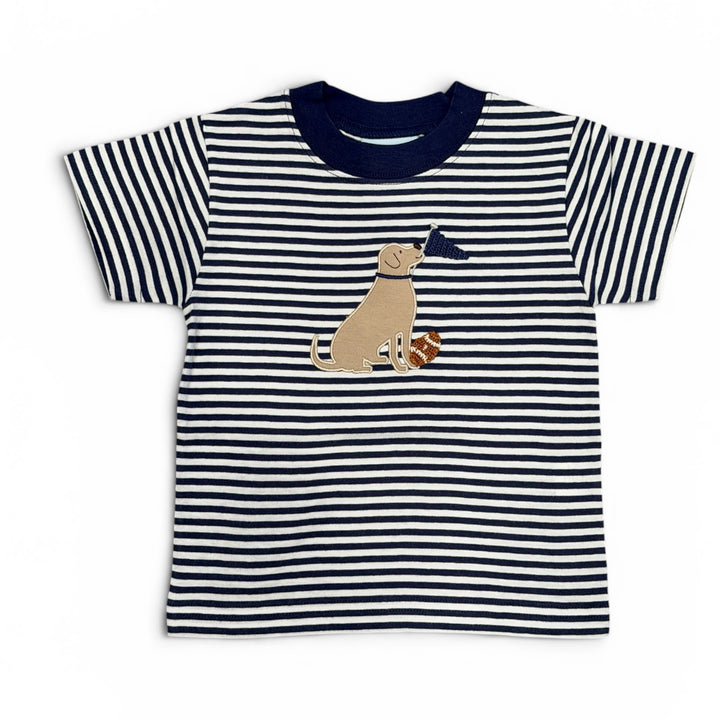 Dog with Football Applique on Navy Stripe Shirt by The Smiley Crab