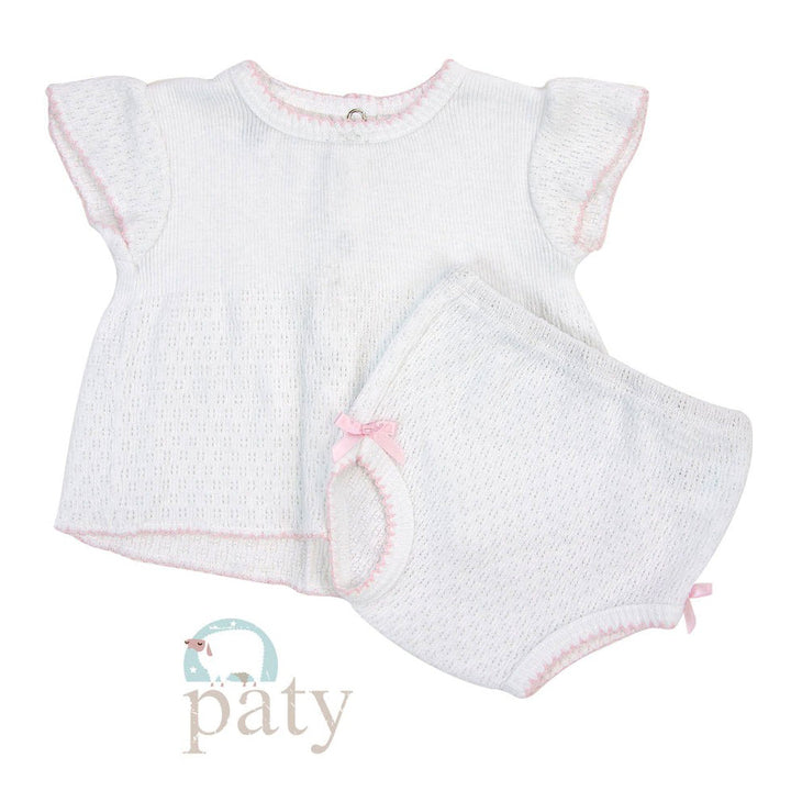 Flutter-Sleeve Bloomer Set with Pink Trim and Bows by Paty