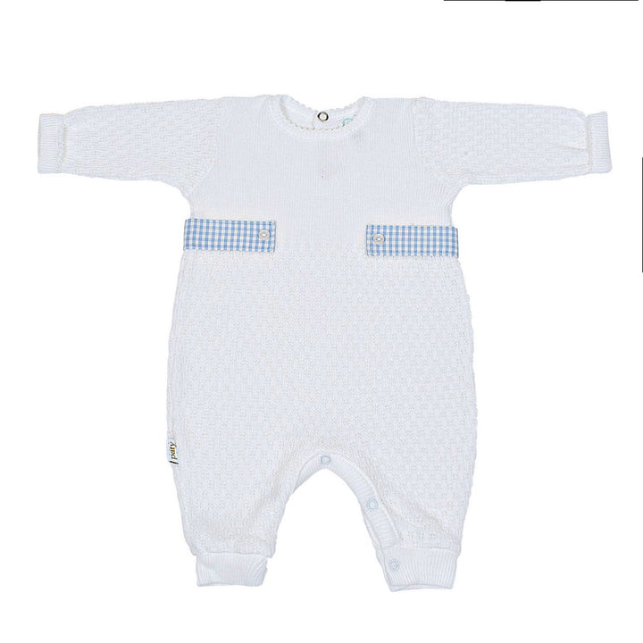 Blue Gingham Side Tabs Long-Sleeve Romper by Paty