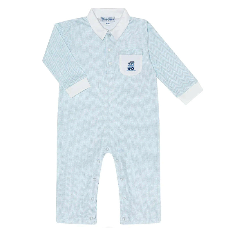 Blue Herringbone with Train Embroidered on Pocket Playsuit by Nellapima