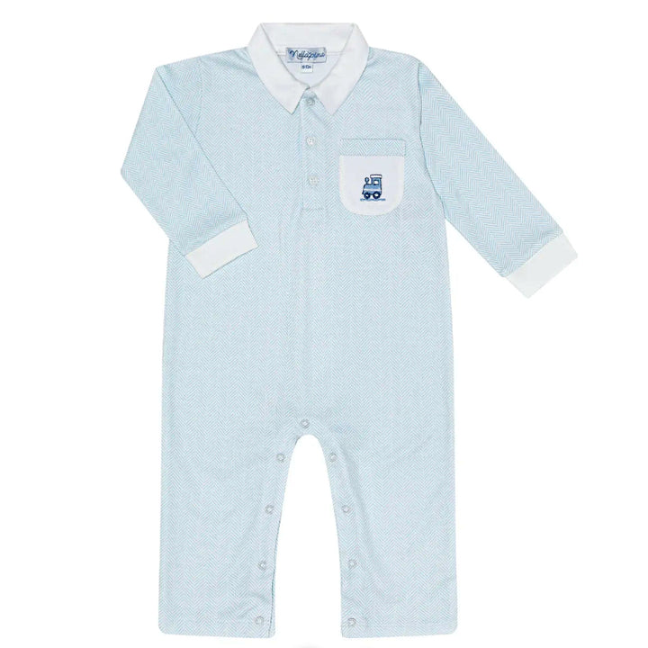 Blue Herringbone with Train Embroidered on Pocket Playsuit by Nellapima