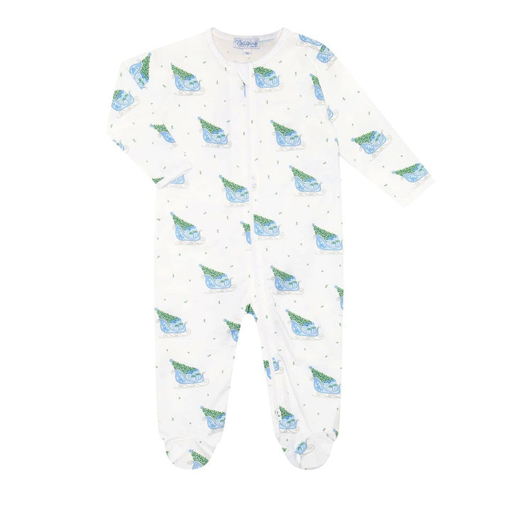 Blue Merry Sleighs Zipper Footie by Nellapima
