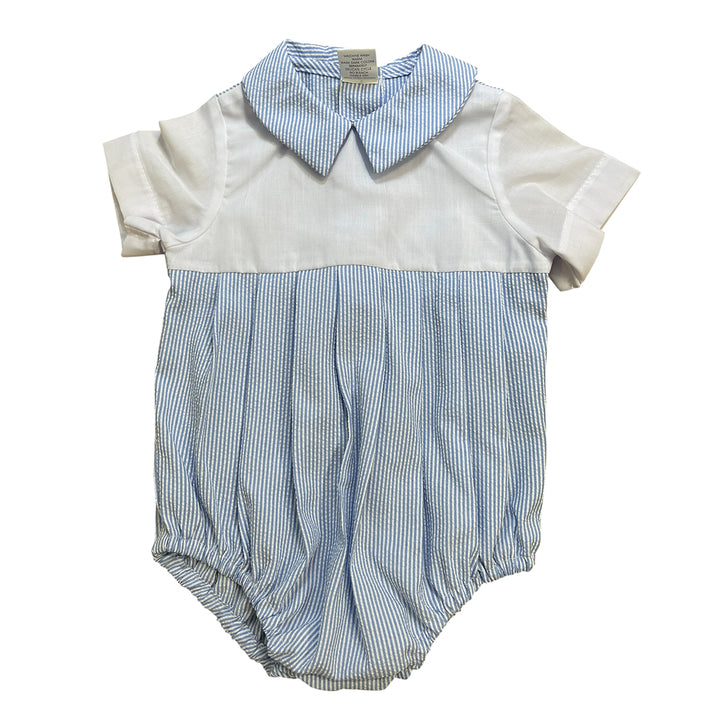 Blue Seersucker Pleated Front Bubble by Rosalina Baby