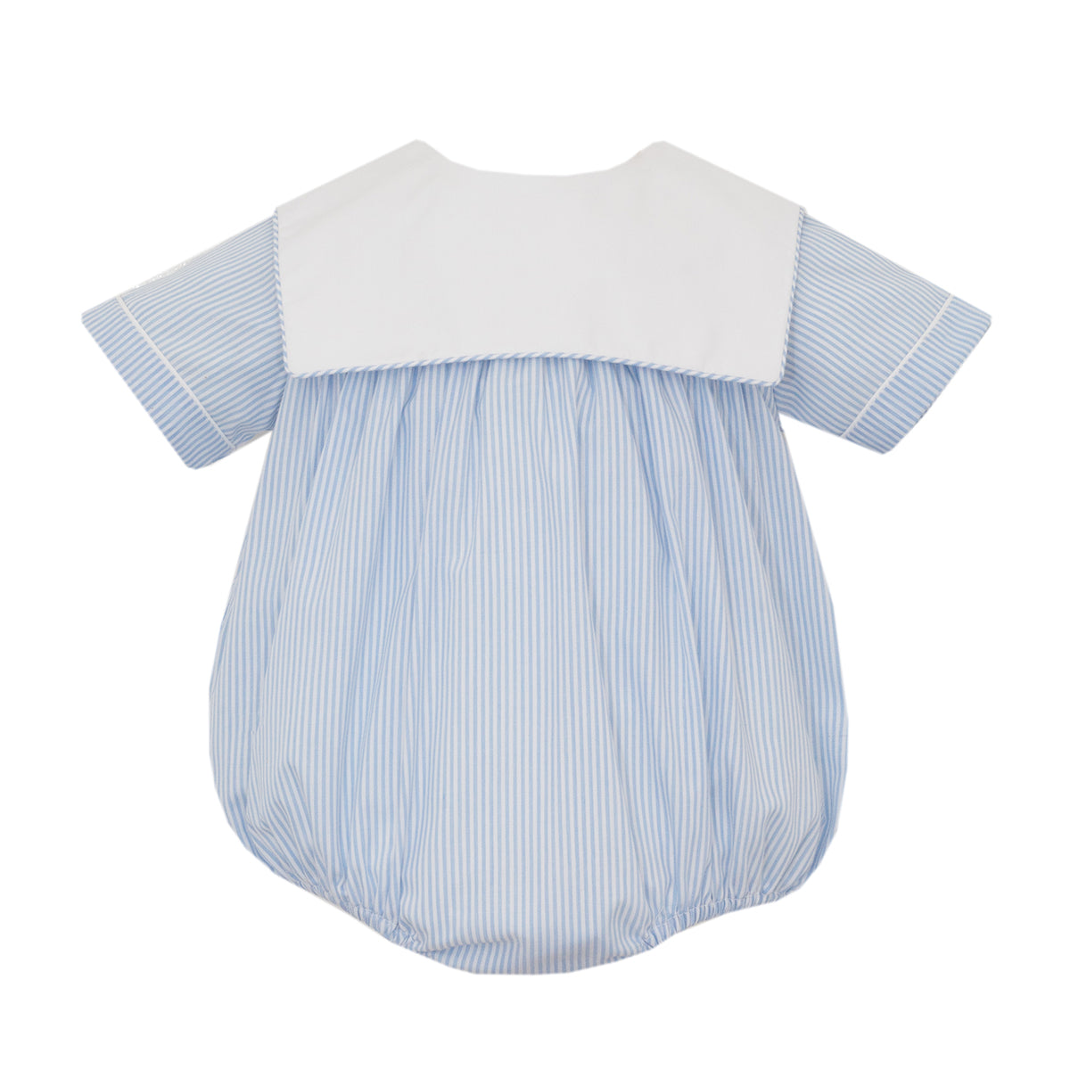 Light Blue Stripe Boy's Bubble with White Square Collar by Petit Bebe