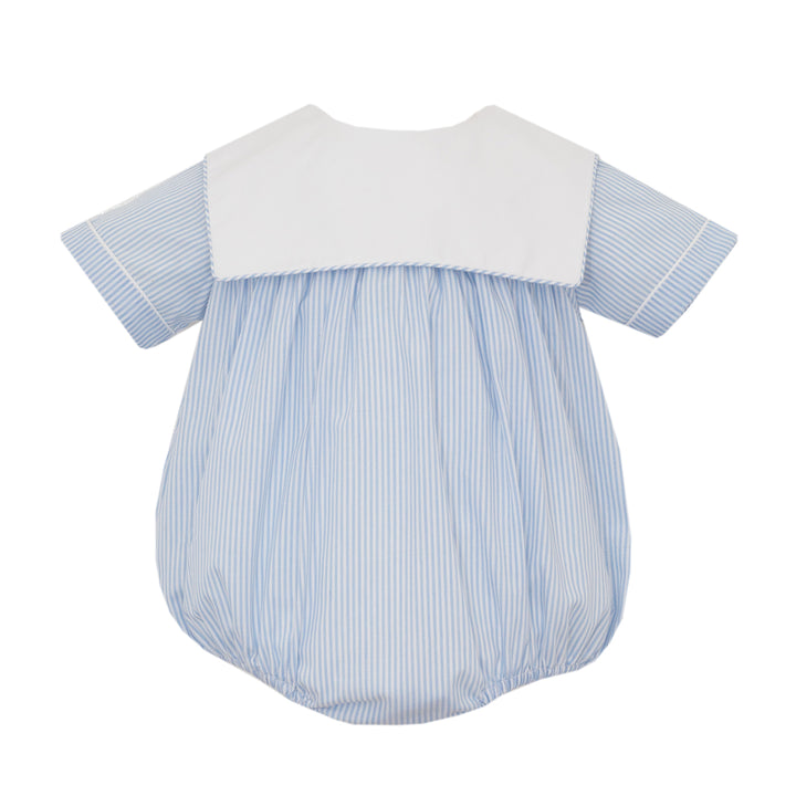 Light Blue Stripe Boy's Bubble with White Square Collar by Petit Bebe