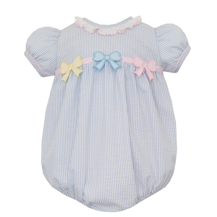 Pastel Bows on Light Blue Seersucker Bubble by Claire & Charlie