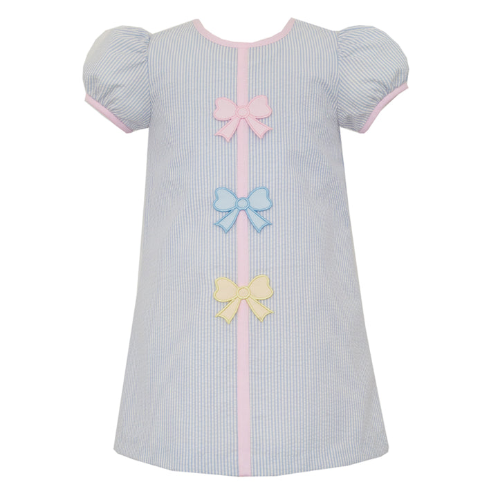 Pastel Bows on Light Blue Seersucker A-Line Dress by Claire & Charlie