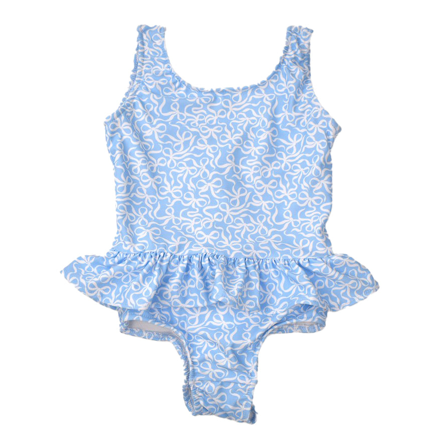 Bows Print on Blue Ruffle Swimsuit by Funtasia Too