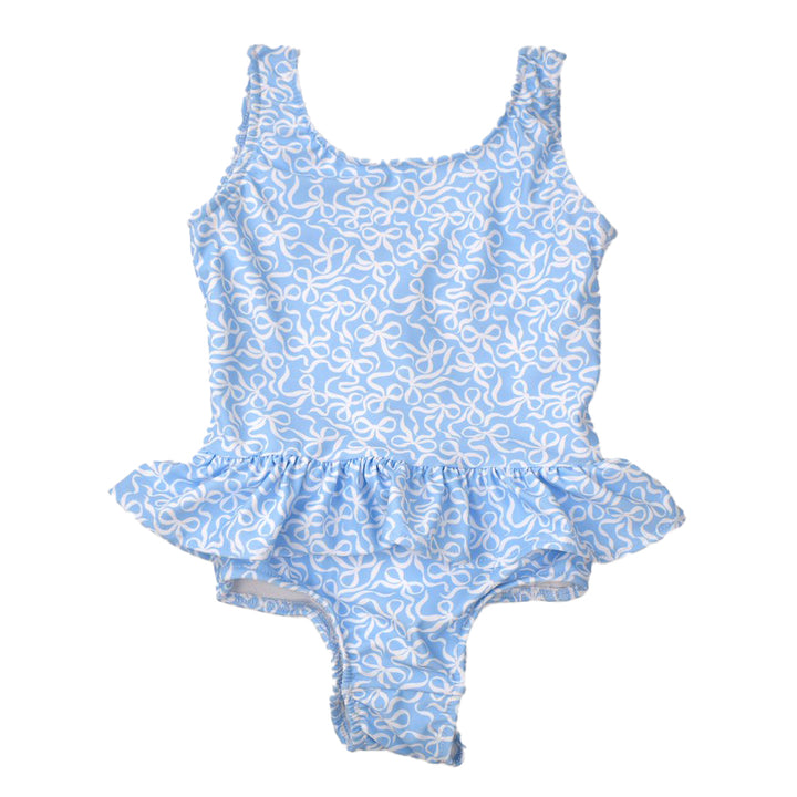 Bows Print on Blue Ruffle Swimsuit by Funtasia Too
