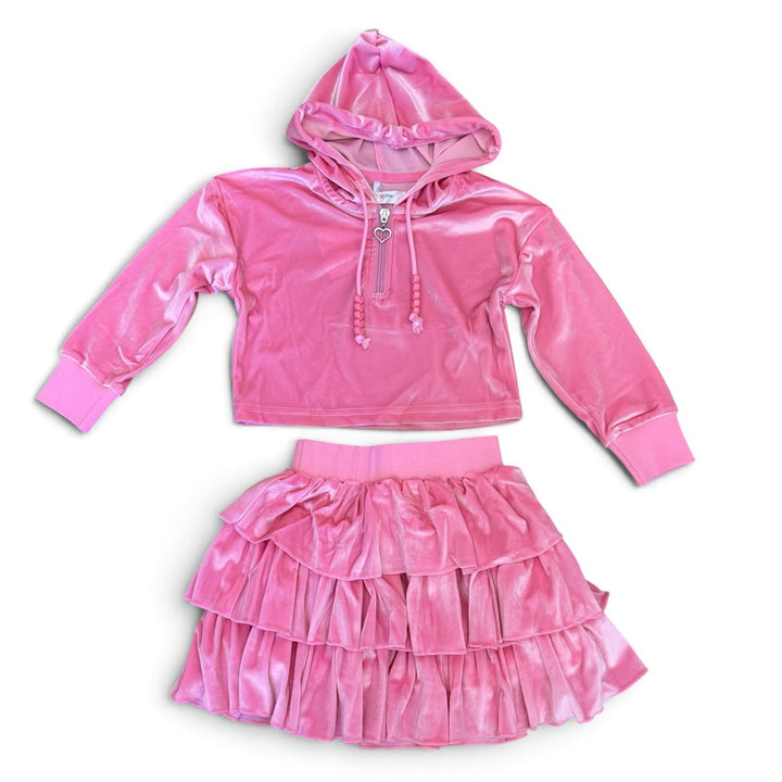 Bubblegum Pink Velvet Velour Skirt and Hooded Top Set by LuLu BeBe