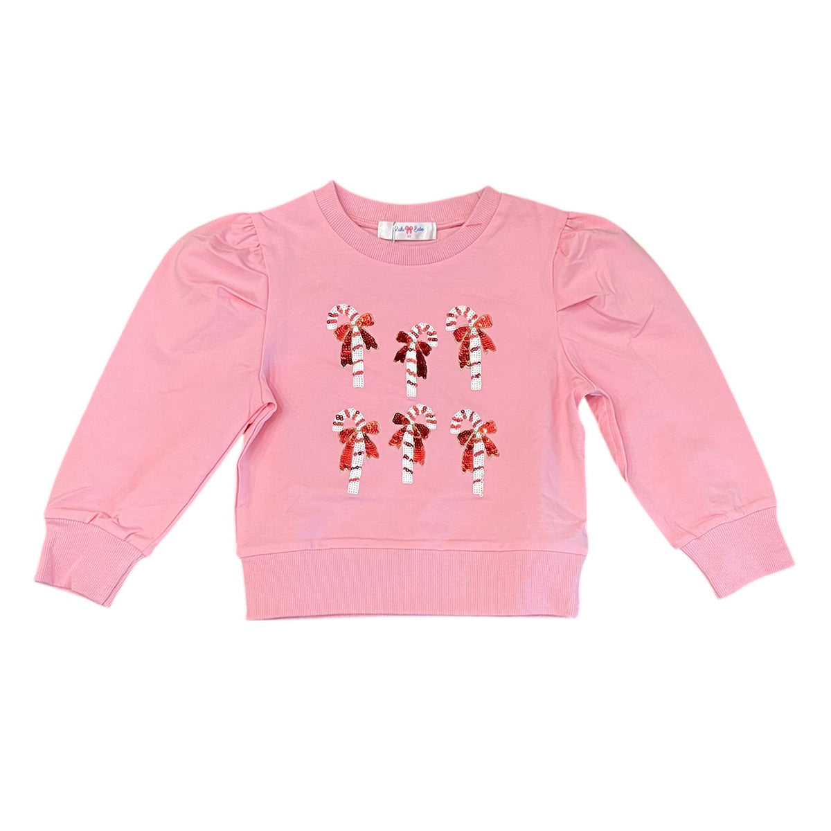 Sequin Candy Canes on Pink Puff Sleeve Shirt by LuLu BeBe