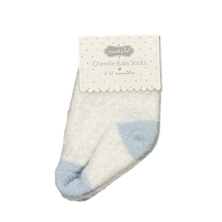 Mud Pie Chenille Baby Socks - White with Blue Heel / Toe