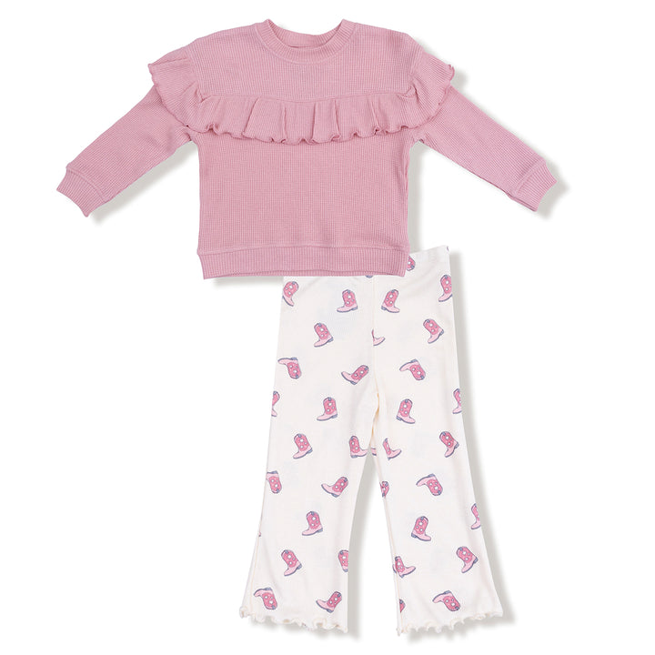 Petite Cowgirl Boots  Ruffle Waffle Top And Rib Flare Pant Set by Angel Dear