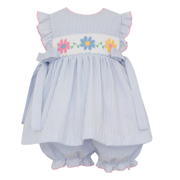 Daisies on Light Blue Seersucker Bloomer Set with SIde Bows by Anavini