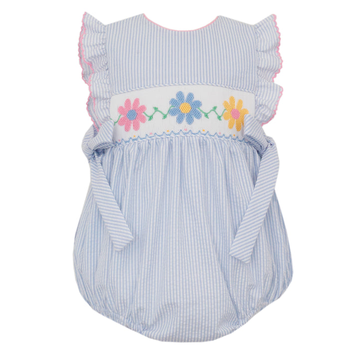 Daisies on Light Blue Seersucker Bubble with SIde Bows by Anavini