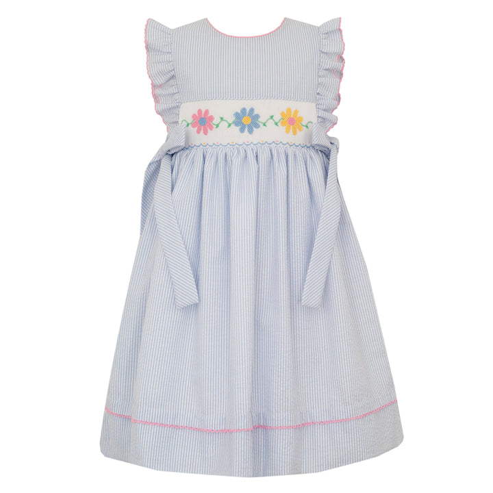 Daisies on Light Blue Seersucker Dress with SIde Bows by Anavini