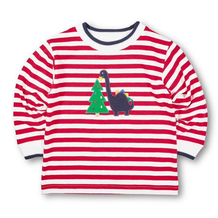 Dino & Christmas Tree on Striped Knit Shirt by Florence Eiseman