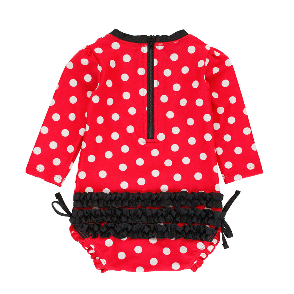 Red Polka Dot Long-Sleeve One-Piece Rash Guard Swimsuit by RuffleButts