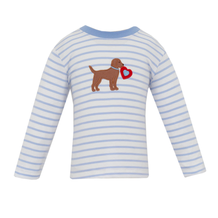 Dog with Valentine Heart on Blue Stripe Tee by Claire & Charlie