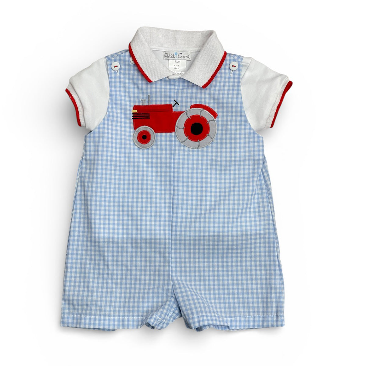 Tractor Applique on Blue Check Romper with Shirt by Petit Ami