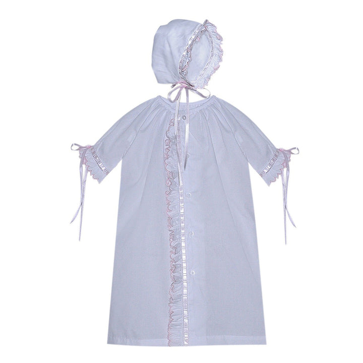 White Day Gown with Pink Scallop Ruffle and Hat by Baby Sen