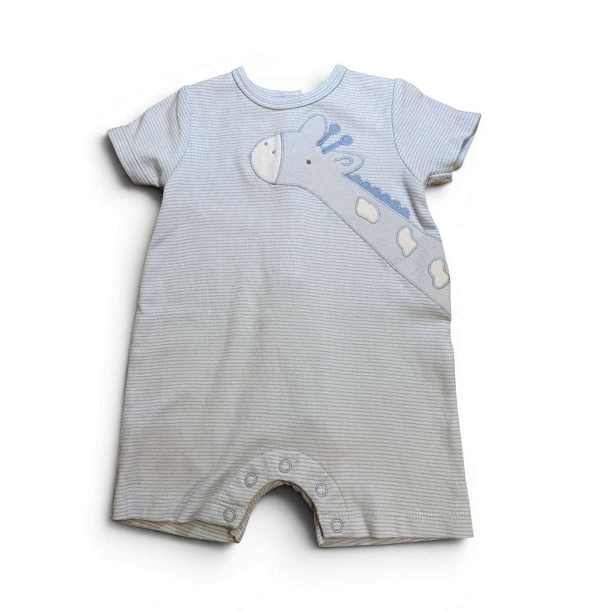 Giraffe Applique on Blue Striped Romper by Petit Ami