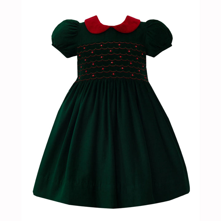 Green Corduroy Smocked Float Dress with Red Velvet Collar by Anavina