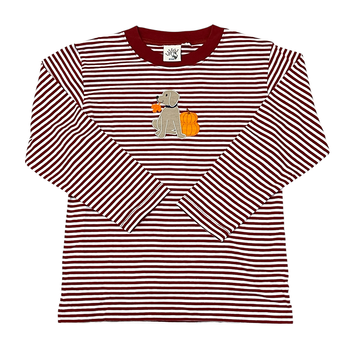 Lab with Pumpkin and Autumn Leaf on Burgundy Stripe Shirt by Luigi