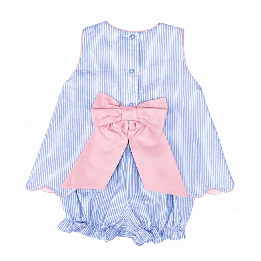 Light Blue Seersucker with Pink Bow and Trim Sundae Set by Zuccini Kids