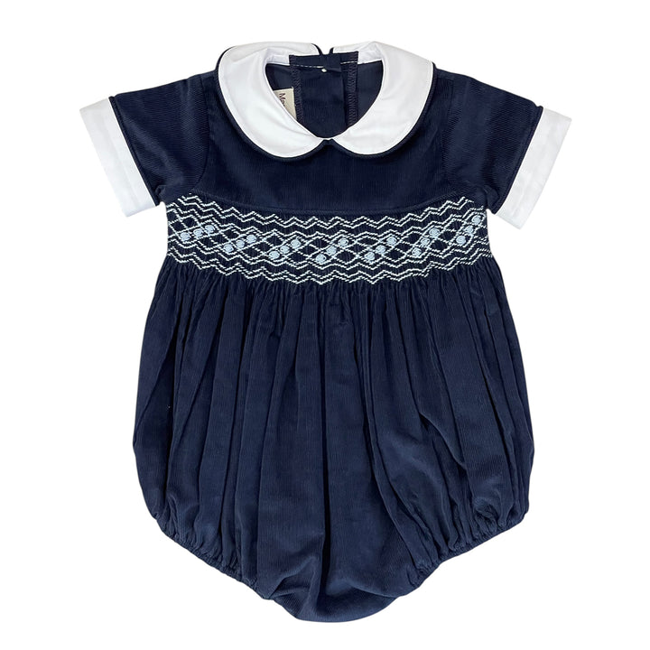 London Navy Smocked Boy Romper by Marco & LIzzy