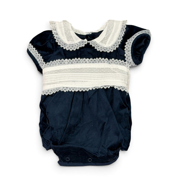 Navy Velvet Sash-Waist Girl Bubble by LuLu BeBe