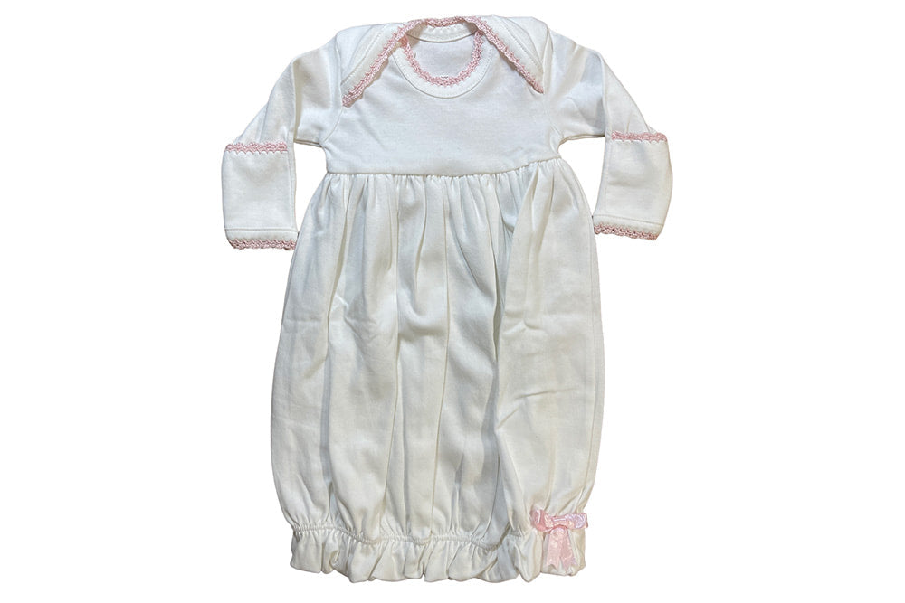 White Lap Shoulder Newborn Gown with Pink Trim by Squiggles