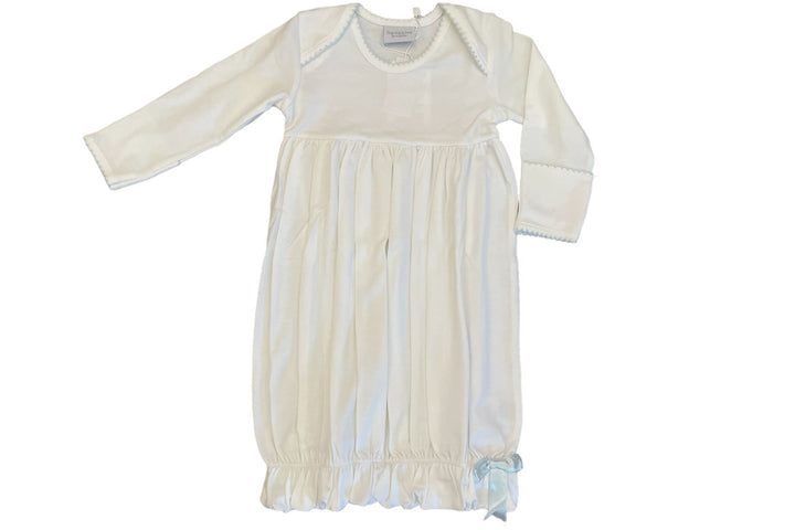 White Lap Shoulder Newborn Gown with Blue Trim by Squiggles
