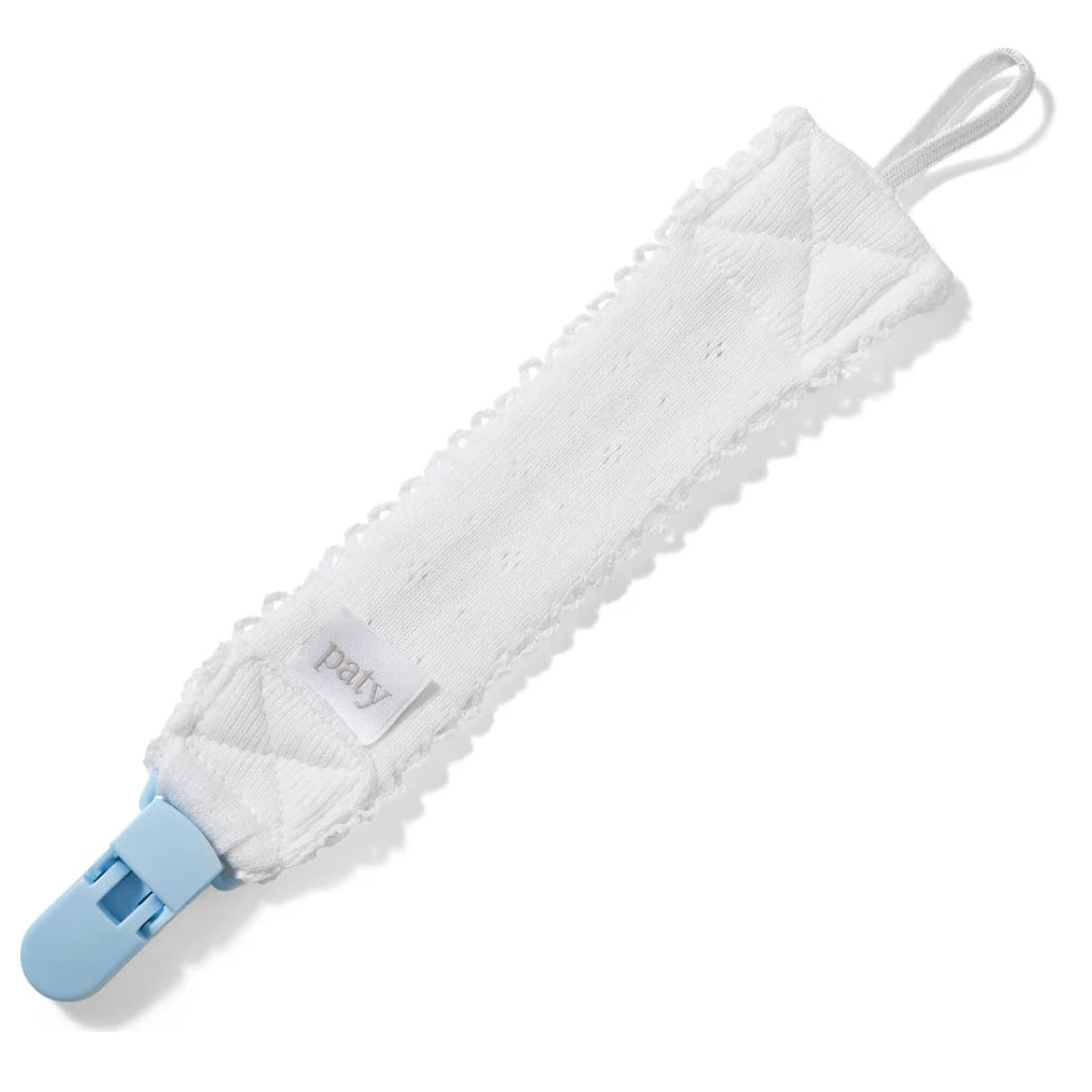 White with Blue Trim Pointelle Pacifier Clip by Paty