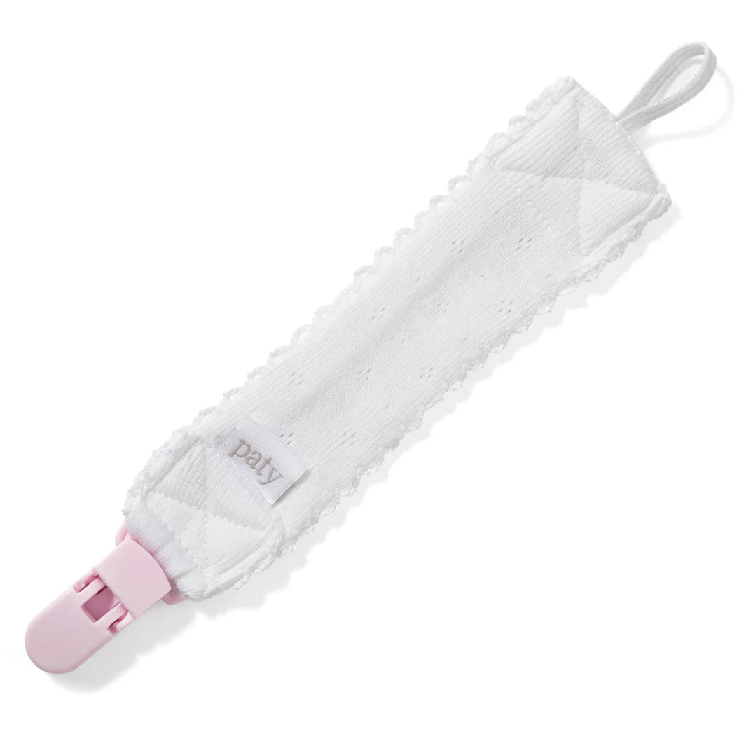 White with Pink Trim Pointelle Pacifier Clip by Paty